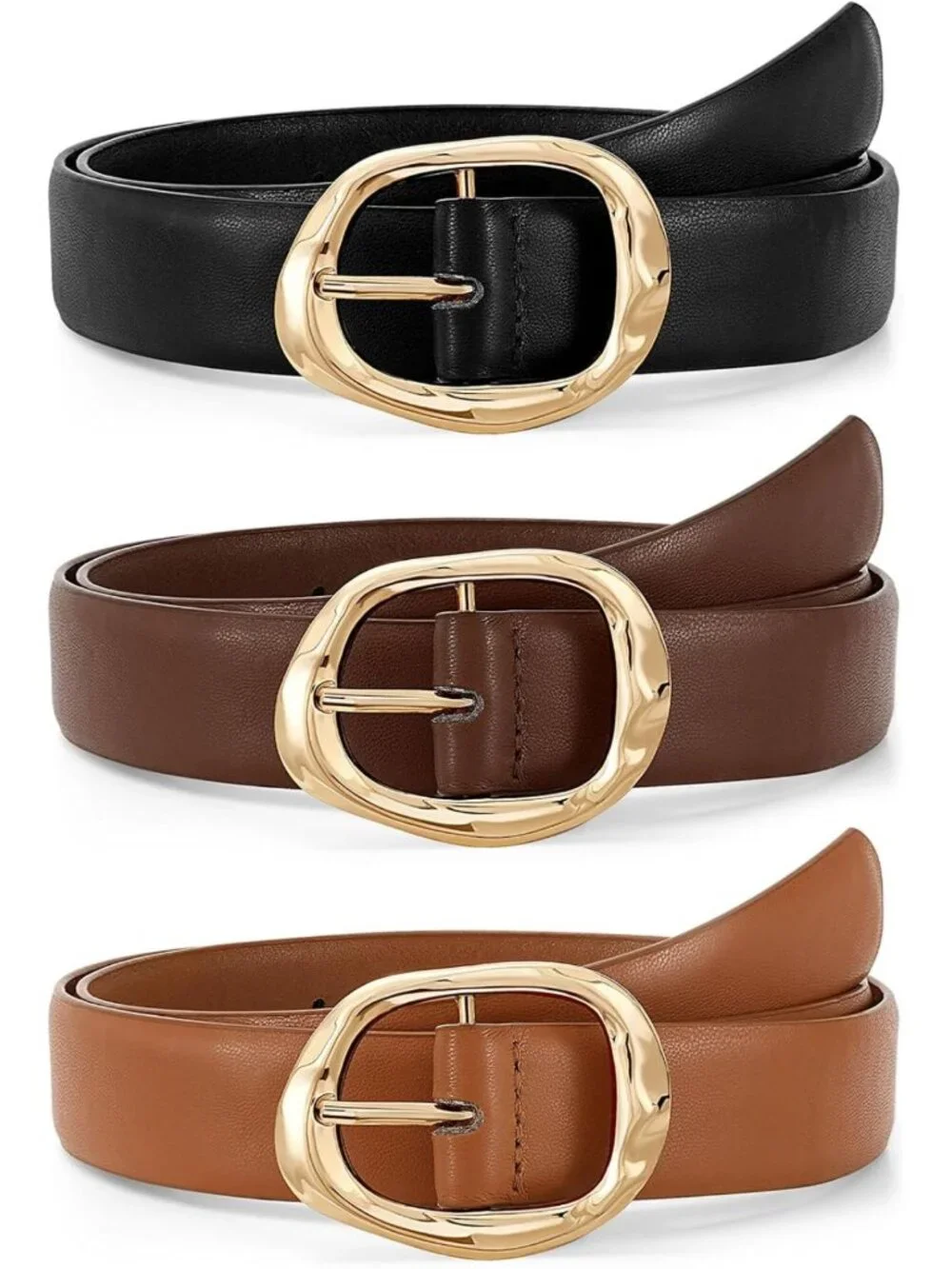 3 Pack Women's Casual Leather Belts for Jeans & Pants with Gold Buckle - Trendy